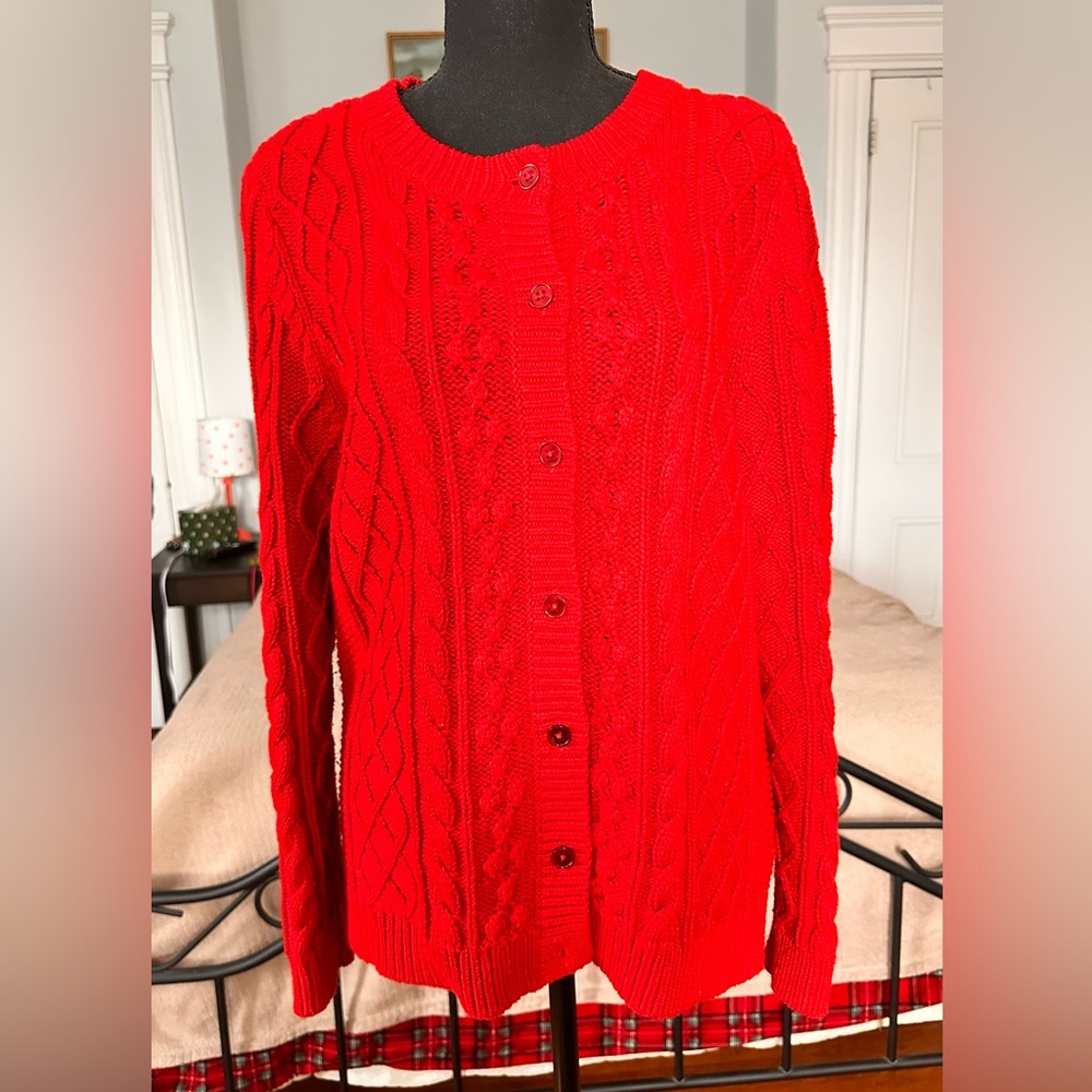 Talbots Vibrant Red Cable Knit Cardigan Sweater Size L